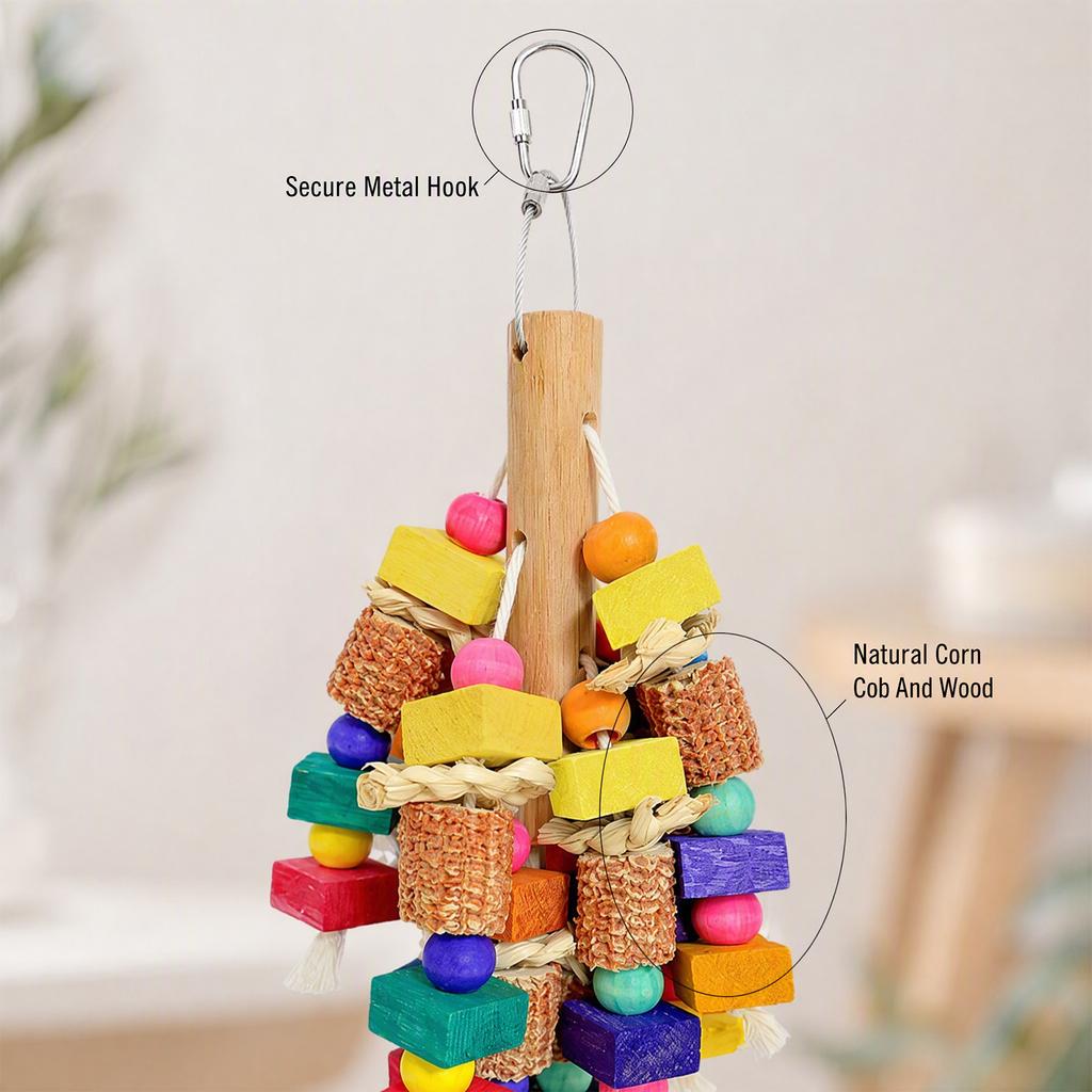 Bird Cage Hanging Toy Wood Block Corn Cob Sisal Rope for Parakeet Lovebird Cockatiel