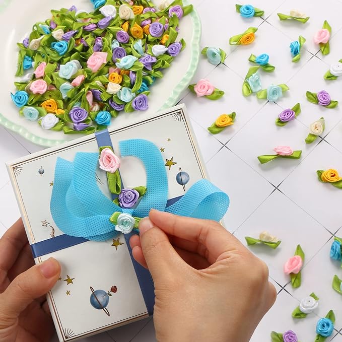 50/100PCS Mini Handmade Rose Flower Satin Ribbon Rosettes Fabric Appliques For DIY Wedding Decoration Craft Sewing Accessories