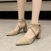 Fashion High Heels Women's Summer Block Heel Pointed Toe Shallow Cross Lace-up Roman One Buckle Strap Hollow Sandals