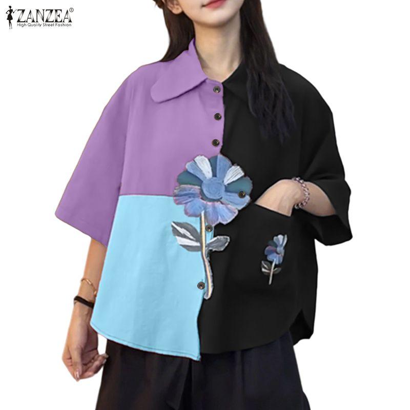 ZANZEA Women Casual Turn Down Collar Loose Short Sleeve Patchwork Blouse
