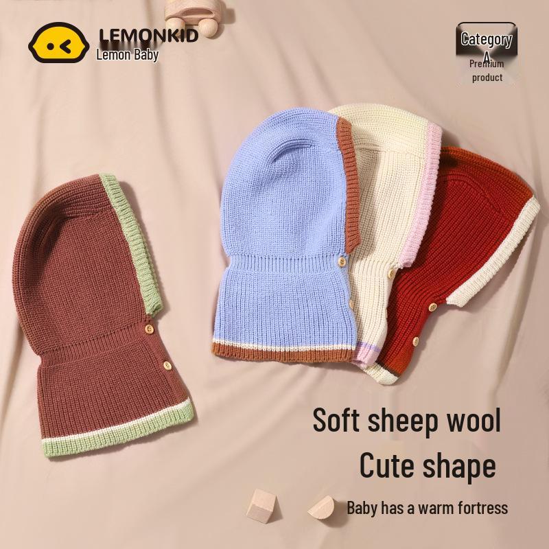 Lemon Baby Wool Knit Hat & Shawl Set - Warm, Windproof Autumn/Winter Infant Cap