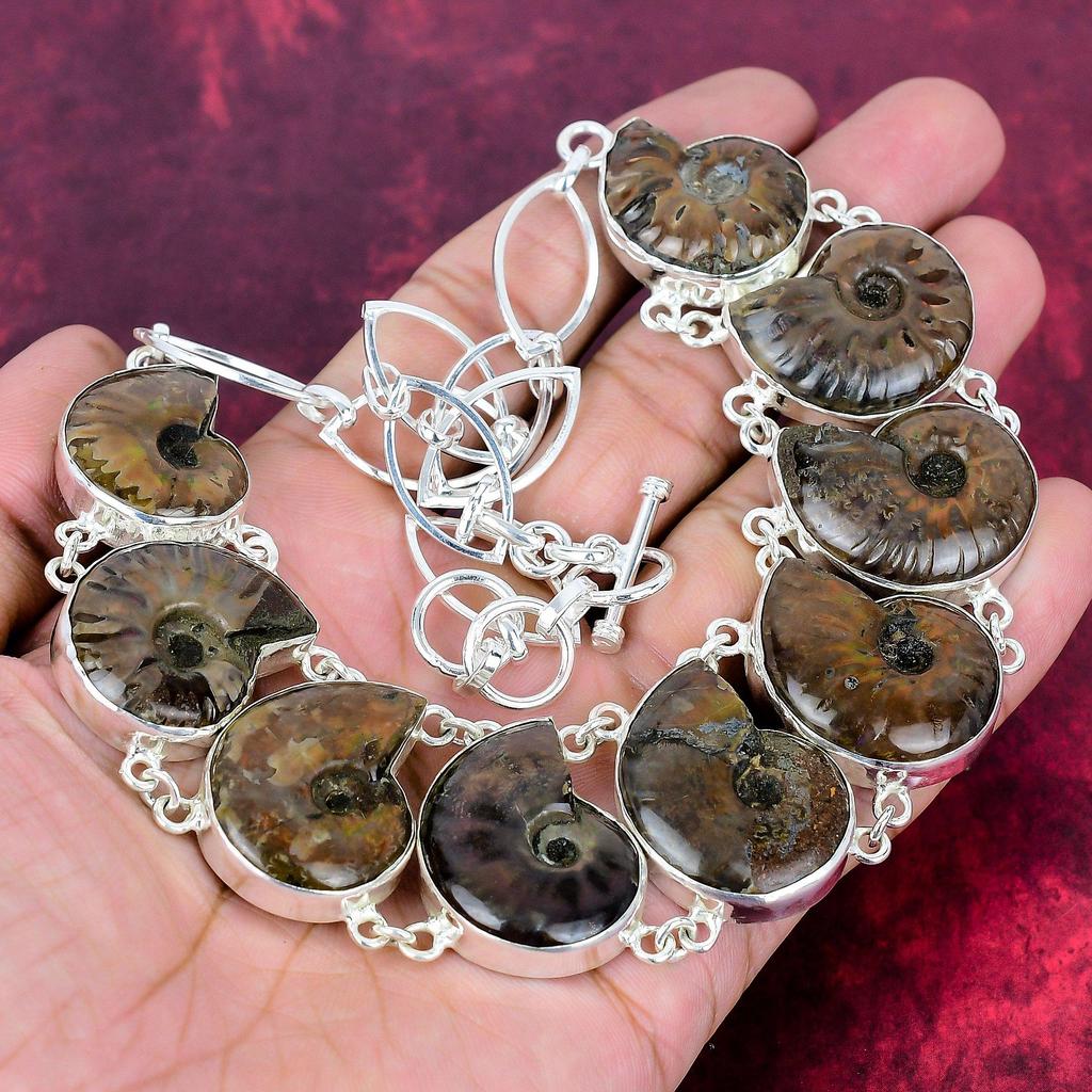 Colier din argint solid 925 fosil de amonit cu lanț reglabil, colier de bijuterii cu pietre prețioase lucrate manual pentru Ziua Memorialului