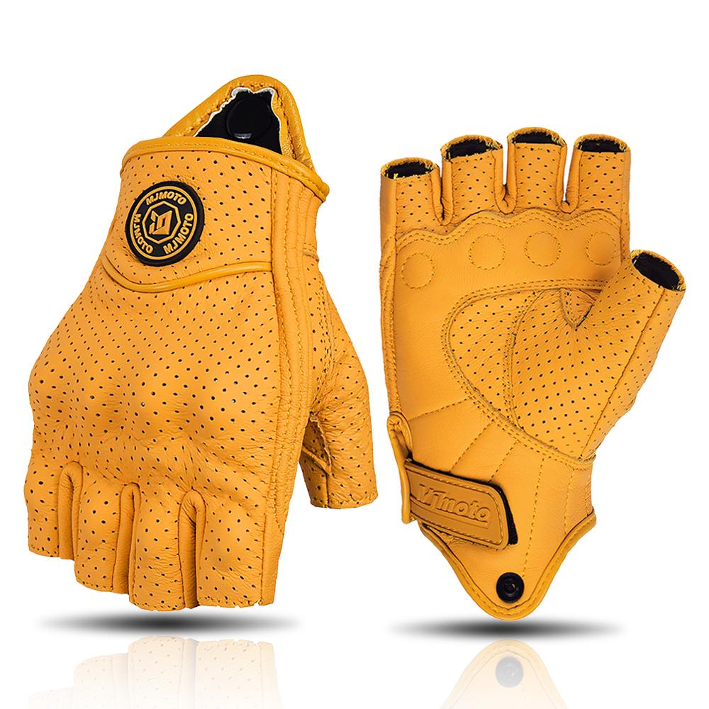MJMOTO Retro Leder Motorrad Halbfingerhandschuhe Touchscreen Motocross Handschuhe Hartschalen Schutz Motorradhandschuh Atmungsaktiv