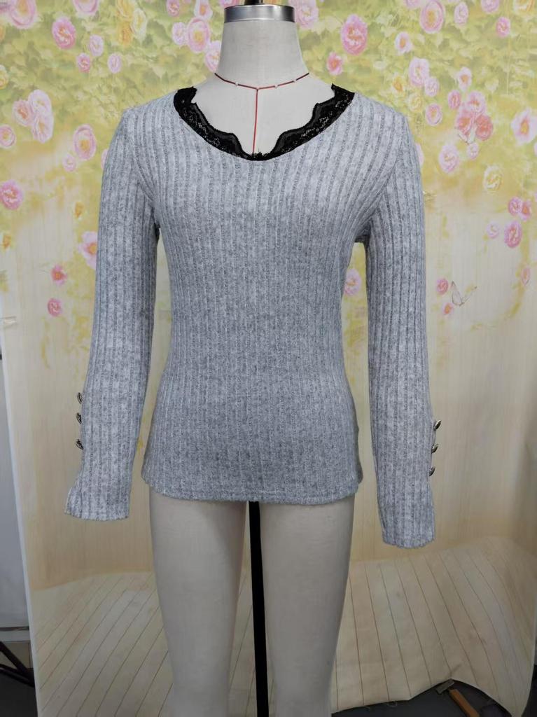 2024 Autumn Women's V-Neck Lace Button Slim Fit Solid Color Long Sleeve Top