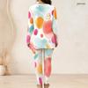Women Plus Size Printed Dark Blue Round Neck Long Sleeve Longline Top And Fitted Pants Two Piece Set