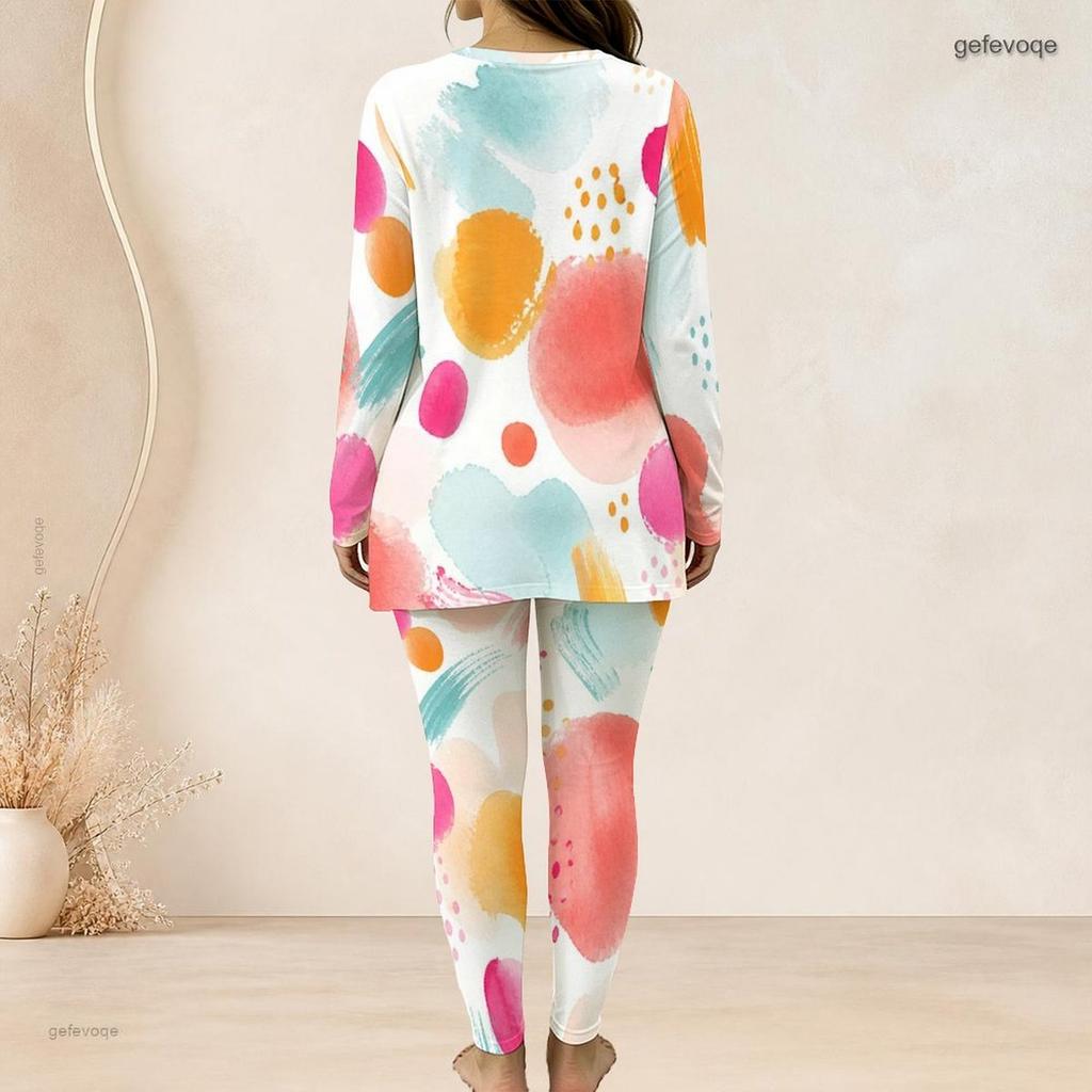 Women Plus Size Printed Dark Blue Round Neck Long Sleeve Longline Top And Fitted Pants Two Piece Set