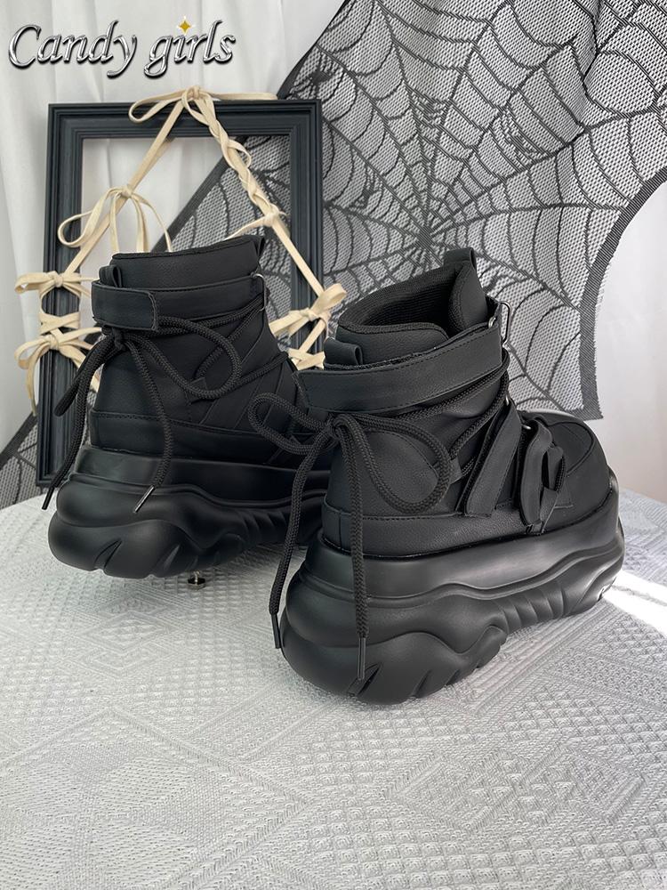 Goth Dark Punk Rock Muffin Women's Platform Shoes Black Matte Ankle Hook and Loop Side Buckle Strap-up Short Boots 7cm