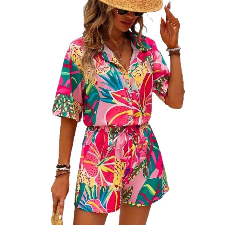 European and American new European women's Hawaiian style short-sleeved shirt and shorts set