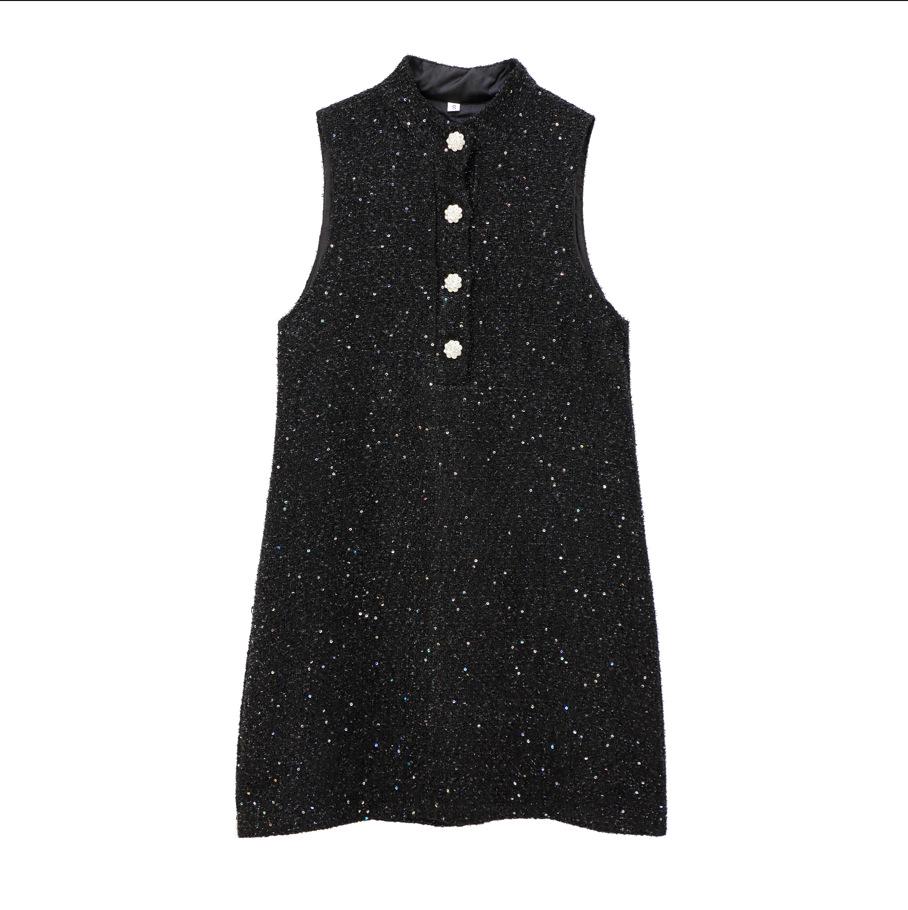 

Sleeveless Black Sequined Textured Dress - Autumn/Winter New Fashion Small