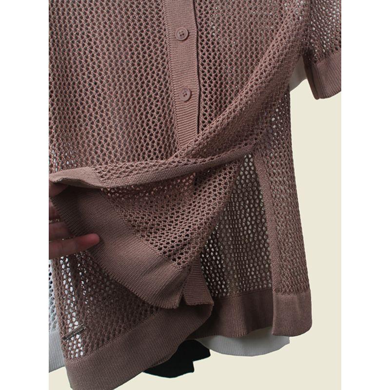 French Entry Lux Sense Polo Collar Short Sleeve Knitwear Summer Thin Hollow Sexy Single Breasted Tops