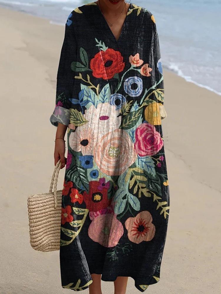 V Neck Short Sleeve Summer Beach Party Dress Loose Floral Print Women Holiday Robe Femme