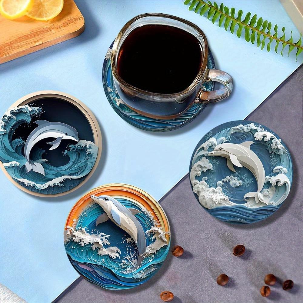 6 Pieces 2D Wooden Coasters Dolphin Pattern Theme Desktop Insulation Mats Home Decor Coffee Mug Coasters For Office Restaurant