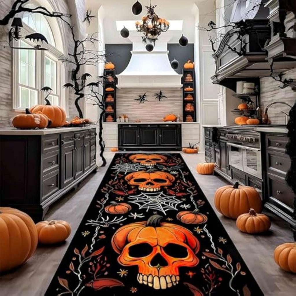 Halloween Runner Rug Abstract Pumpkin Skull Carpet Kitchen Anti-Slip Spider Web Printed Rugs for Living Room Home Decor