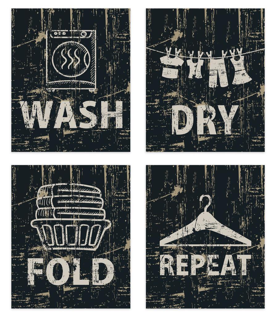 Inkdotpot 4 Piece Laundry Poster for Laundry Room Decor Wash Dry Fold Repeat , Laundry Room Posters Wall Art