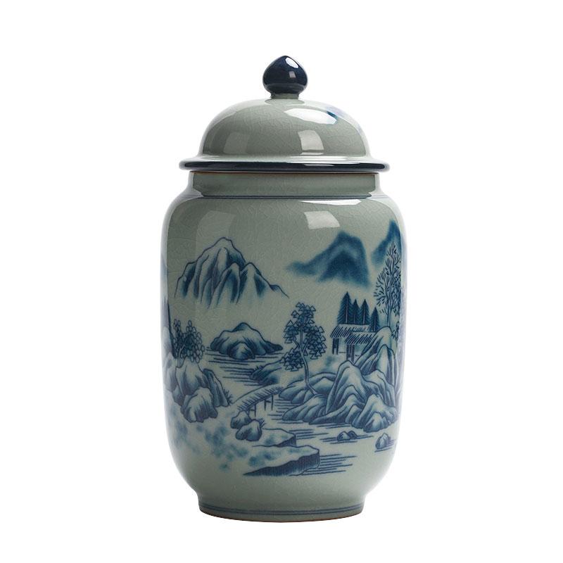Blue and White Porcelain Storage Jar Classical Tea Box Landscape General Jar with Lid Creative Nut Food Storage Bottle Container