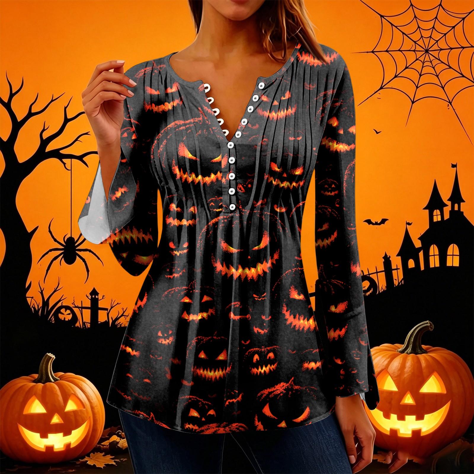 Women s Halloween Print V-Neck Long Sleeve Bell Sleeve Pleated Button Blouse L
