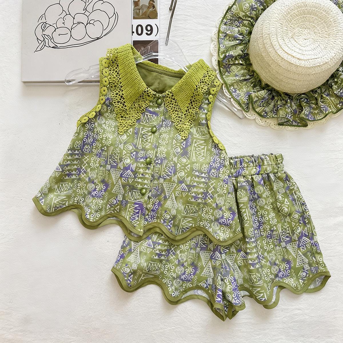 Girls Vintage Floral Two Piece Set Summer Lace Hollow Out Collar Vest And Shorts Outfit 80cm