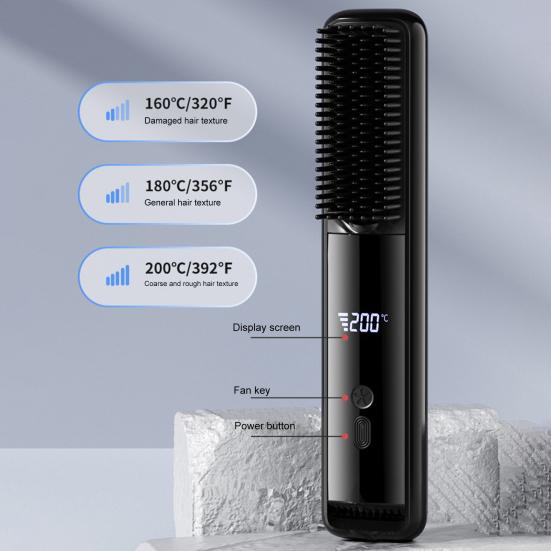 Cordless Hair Straightener Brush LCD Temperature Display Frizz Control Hair Straightening Comb USB Rechargeable Fast Heating Electric Hot Brush