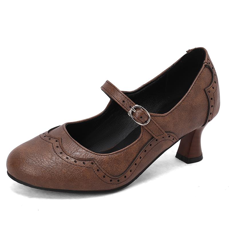 Fashion 2025 Spring Vintage PU Leather Women's Shoes Rome Style Splice Pointed Toe Ankle Strap Buckle Ladies High Pumps Plus Size 32-48