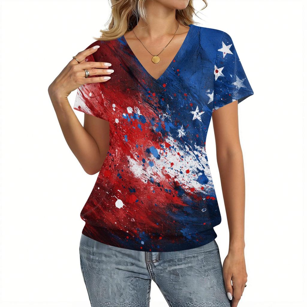Women's Casual V Neck Short Sleeve Top Independence Day Print Lightweight Comfortable Summer Shirt for Everyday Wear