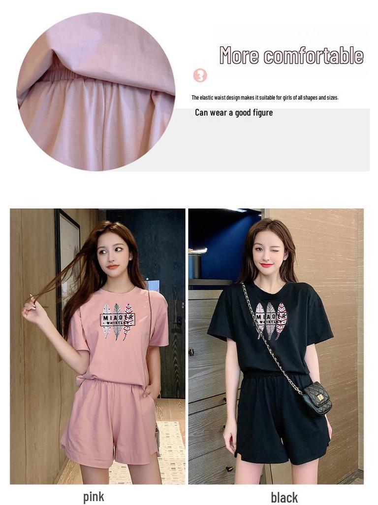 Trendy Women's Summer Two-Piece Set: Hong Kong Style Short Sleeve Top & Shorts for Relaxed Sports Leasure