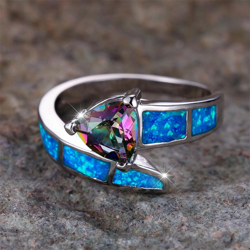 Mystic Rainbow Triangle CZ Stone Ring Blue Fire Opal Engagement Band Rings For Women Vintage Trendy CopperColor Wedding Jewelry