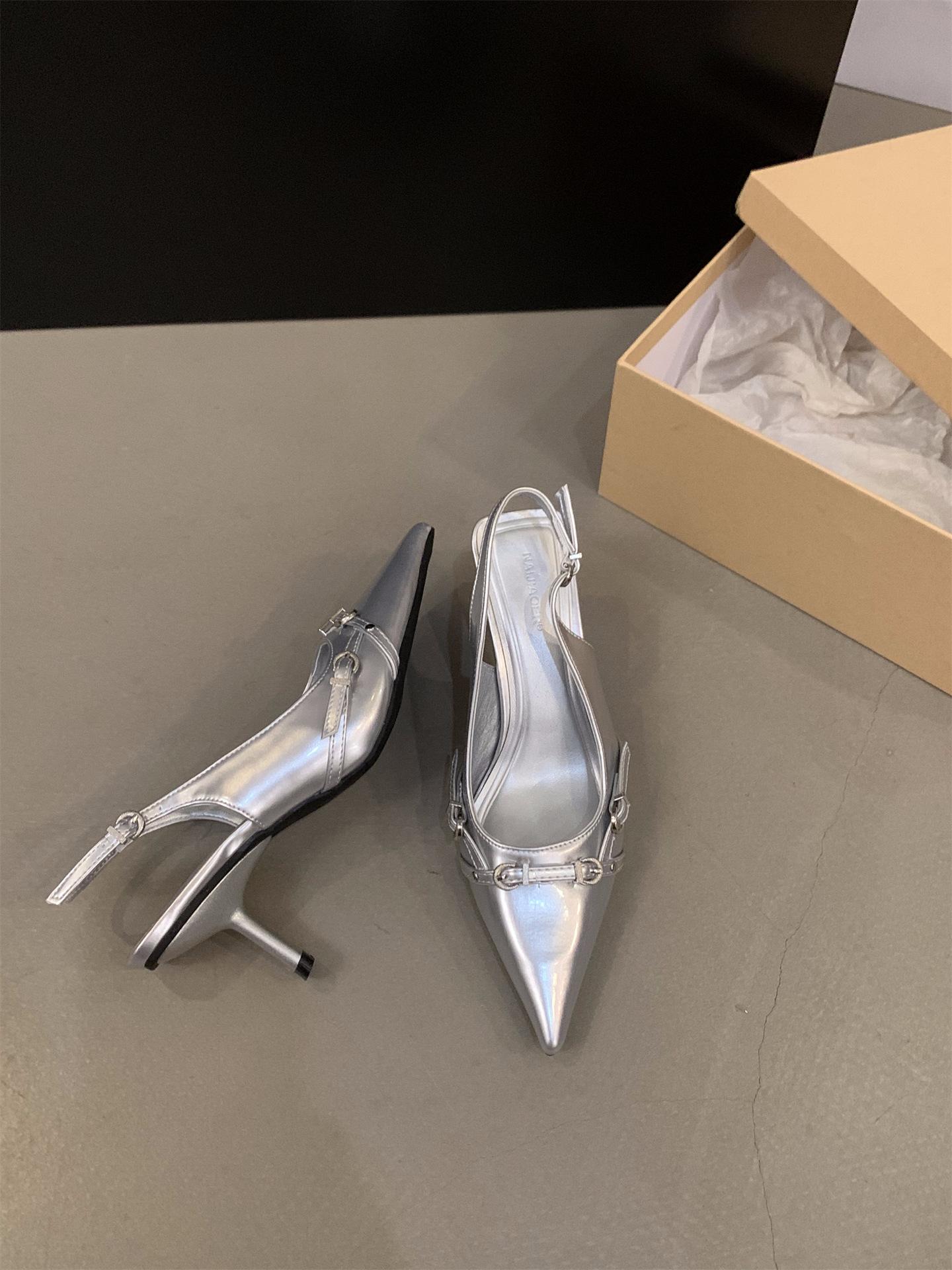 

Французские босоножки-мешки черного цвета на шпильках, новинка весны и лета 2024 года, серебристые одинарные туфли с острыми каблуками 39