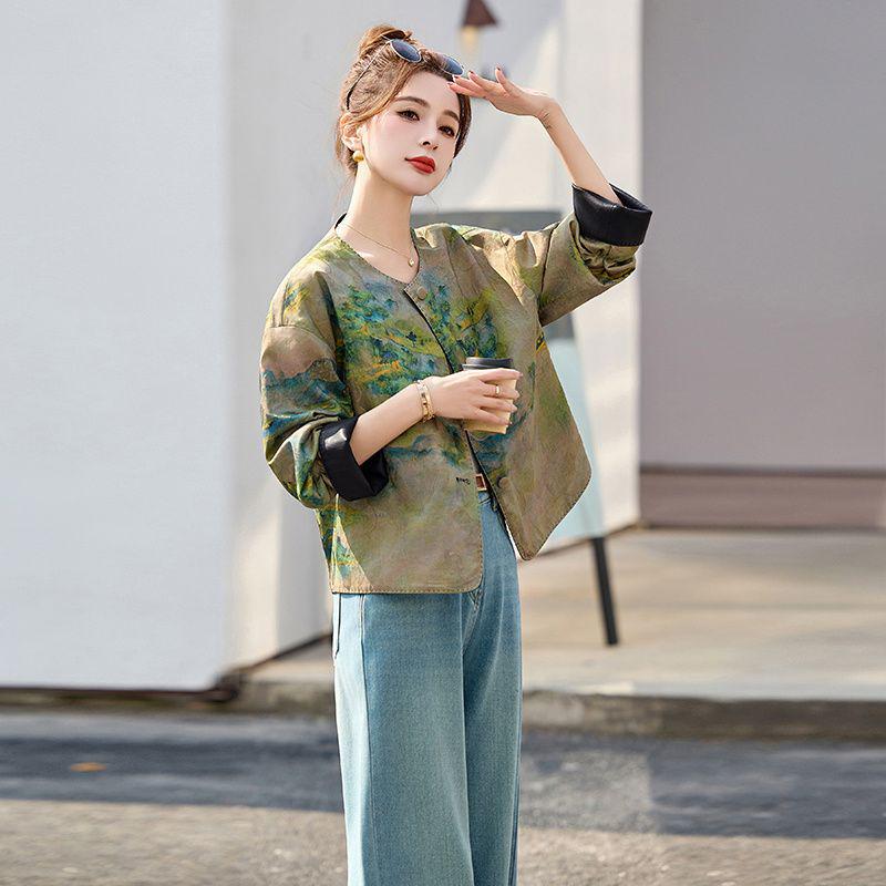 Women's Reversible Retro Jacquard Leather Patchwork Jacket - New Chinese Style for Autumn