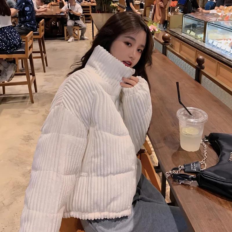 

Korean Corduroy Outerwear Women Down Cotton Coat Parker Autumn Winter Jacket Short Casual Warm Female Student Coat XS белый