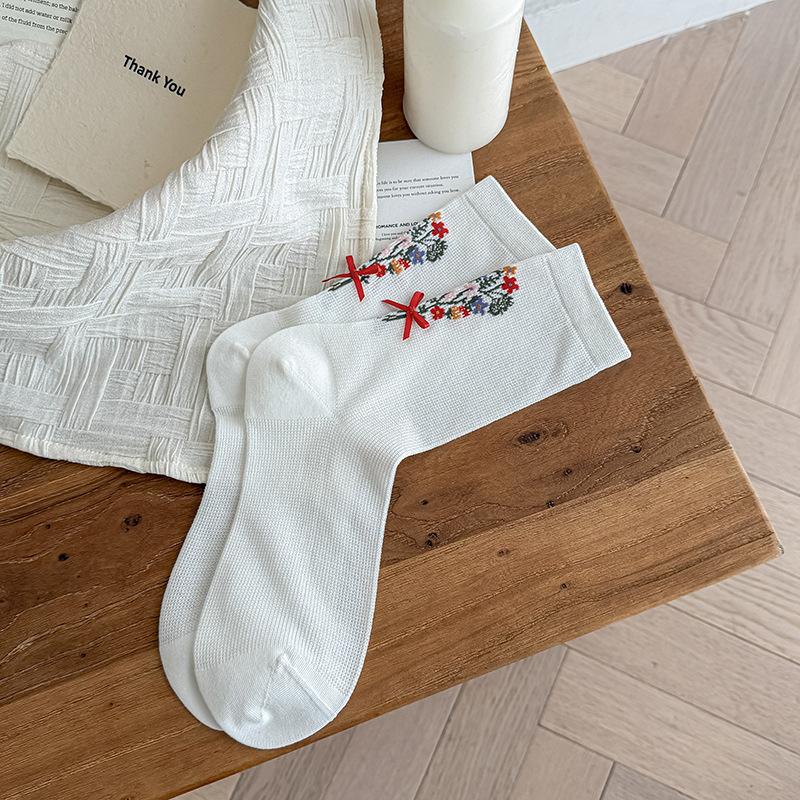 Sock - Spring/Summer Lightweight Printed Flowery Padded Stockings with Butterfly Knots - Mid-Calf Cotton Stockings for Country Style Long Trousers