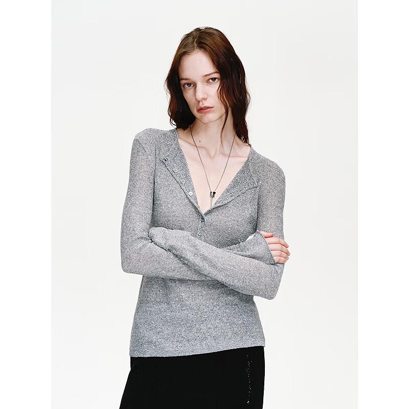 Vintage Henley Sequin Ribbed Knit Blouse