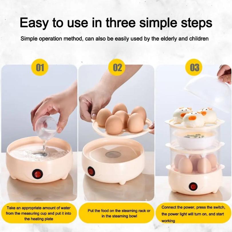 Automatic Power Off Egg Boiler Mini Multi-layer Breakfast Machine with Measuring Cup Egg Poacher for Home Dormitory