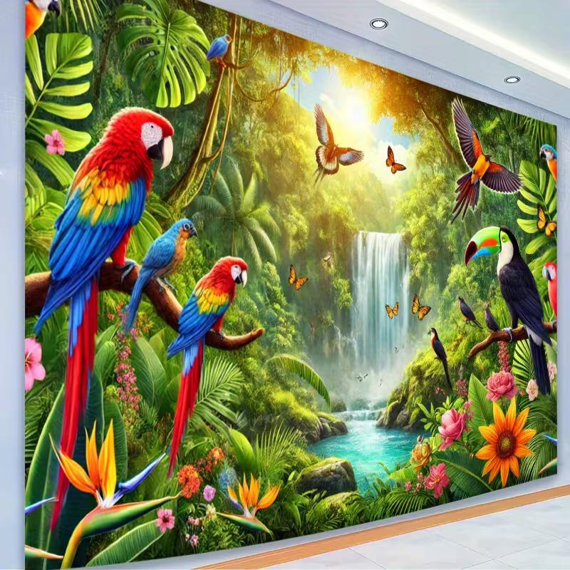 2D Rainforest Bird Waterfall Tapestry Macaw Toucan Backdrop Cloth for Living Room