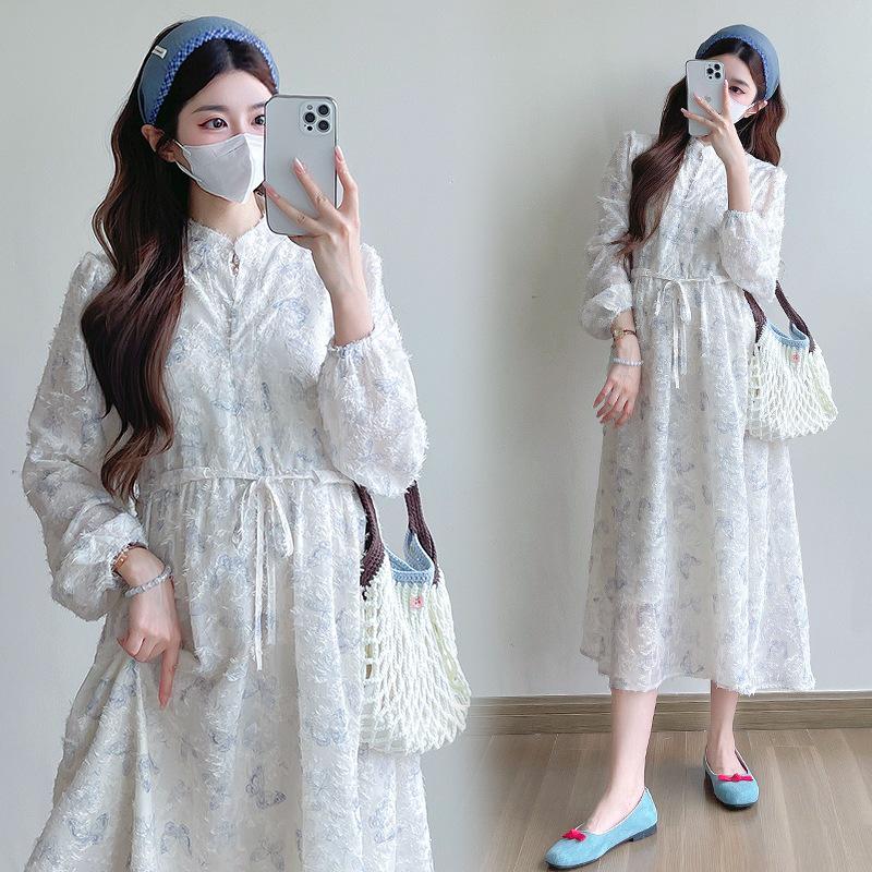 Hepburn Style Butterfly Jacquard Maternity Dress - High Quality, Long Sleeve, Early Spring 2026 Collection