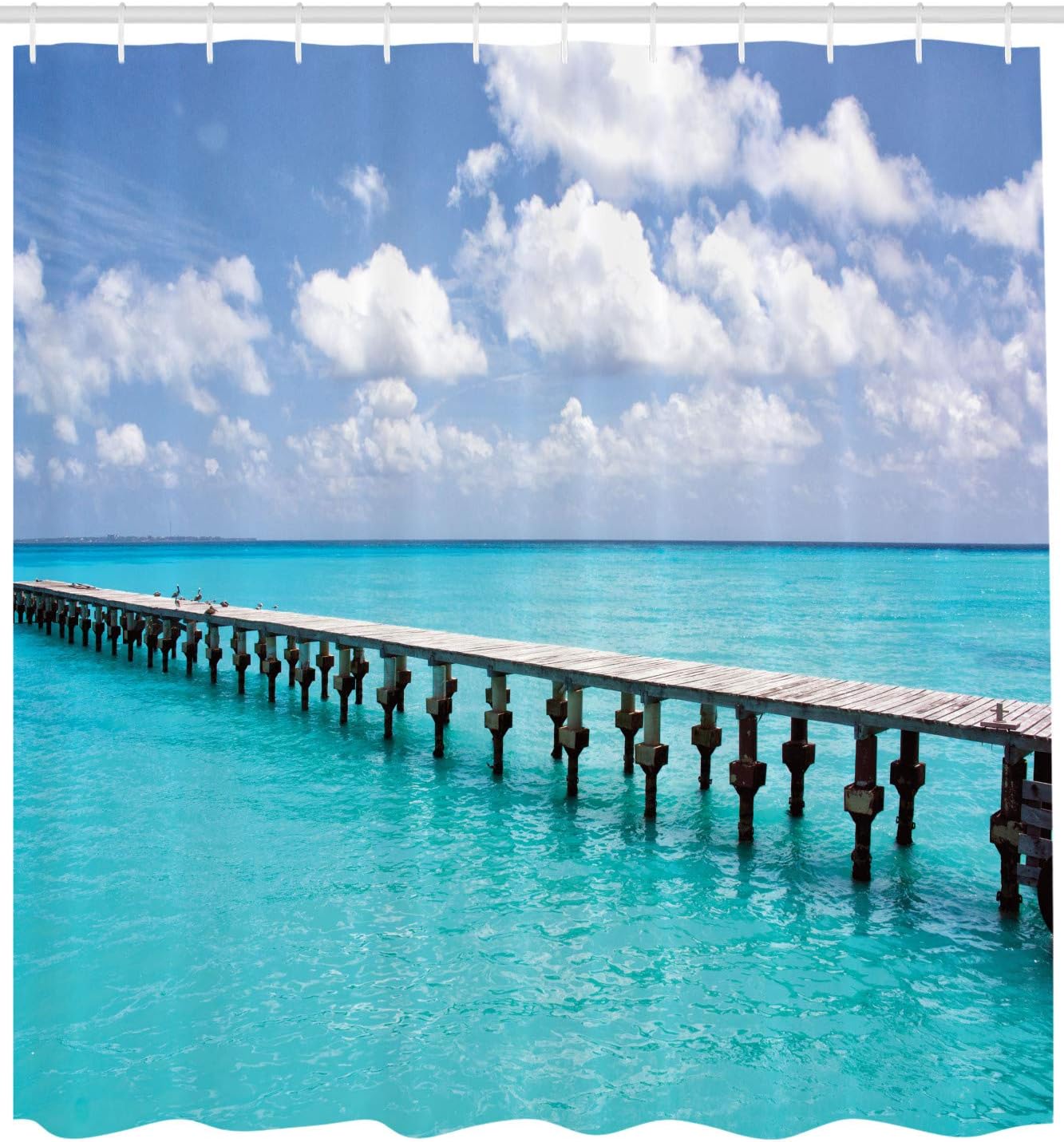 

Beach Pier Shower Curtain with Hooks – Tropical Ocean View, Clear Water & Cloudy Sky, White Turquoise Coastal Decor 90x180cm35x71in