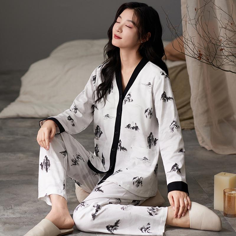 Ink and Wash Women Pajamas Set Casual Long Sleeves Long Pants Autumn Winter Simple Sleepwear Cozy Pyjamas Soft Pijamas Girls Pjs