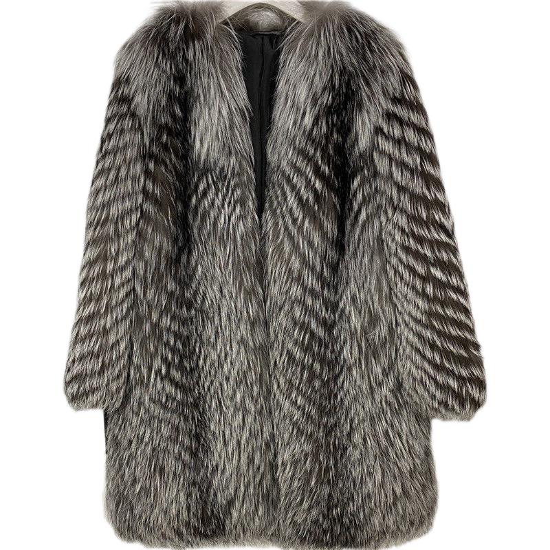 Women's Mid-Length Faux Fur Coat with Fox Fur Trim, Genuine Leather, Slim Fit, Korean Style, Fashionable, Warm, Casual for Autumn/Winter.