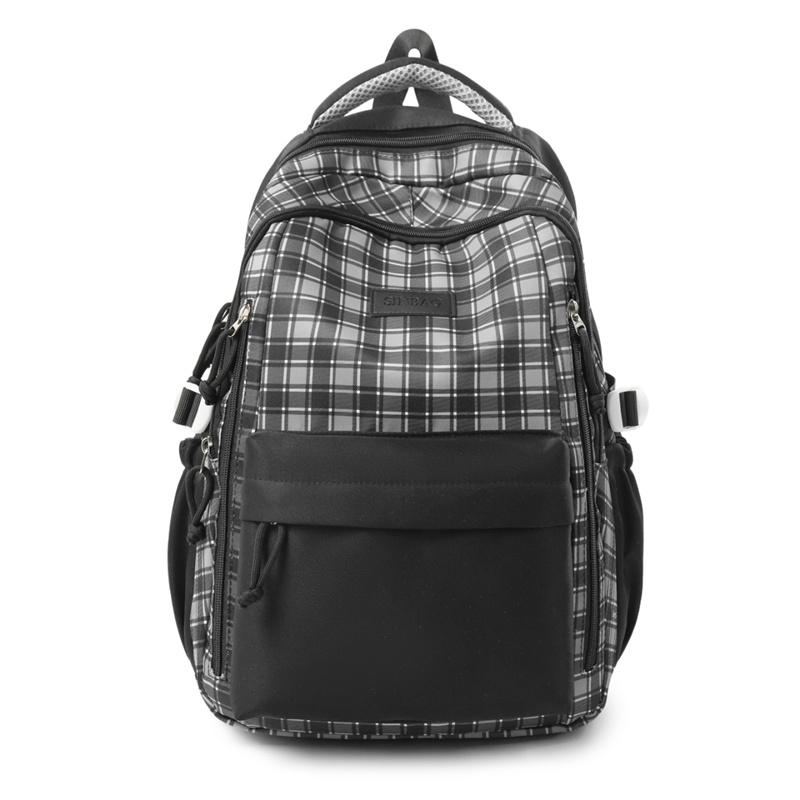 Nylon Plaid Backpack Women's Fashionable Casual School Bag Lightweight Travel Rucksack with Multiple Pockets
