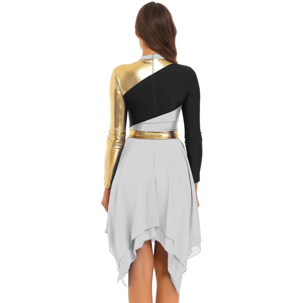 Womens Color Block Patchwork Leotard Dress Long Sleeve Irregular Hem Design Lyrical Dance Costume