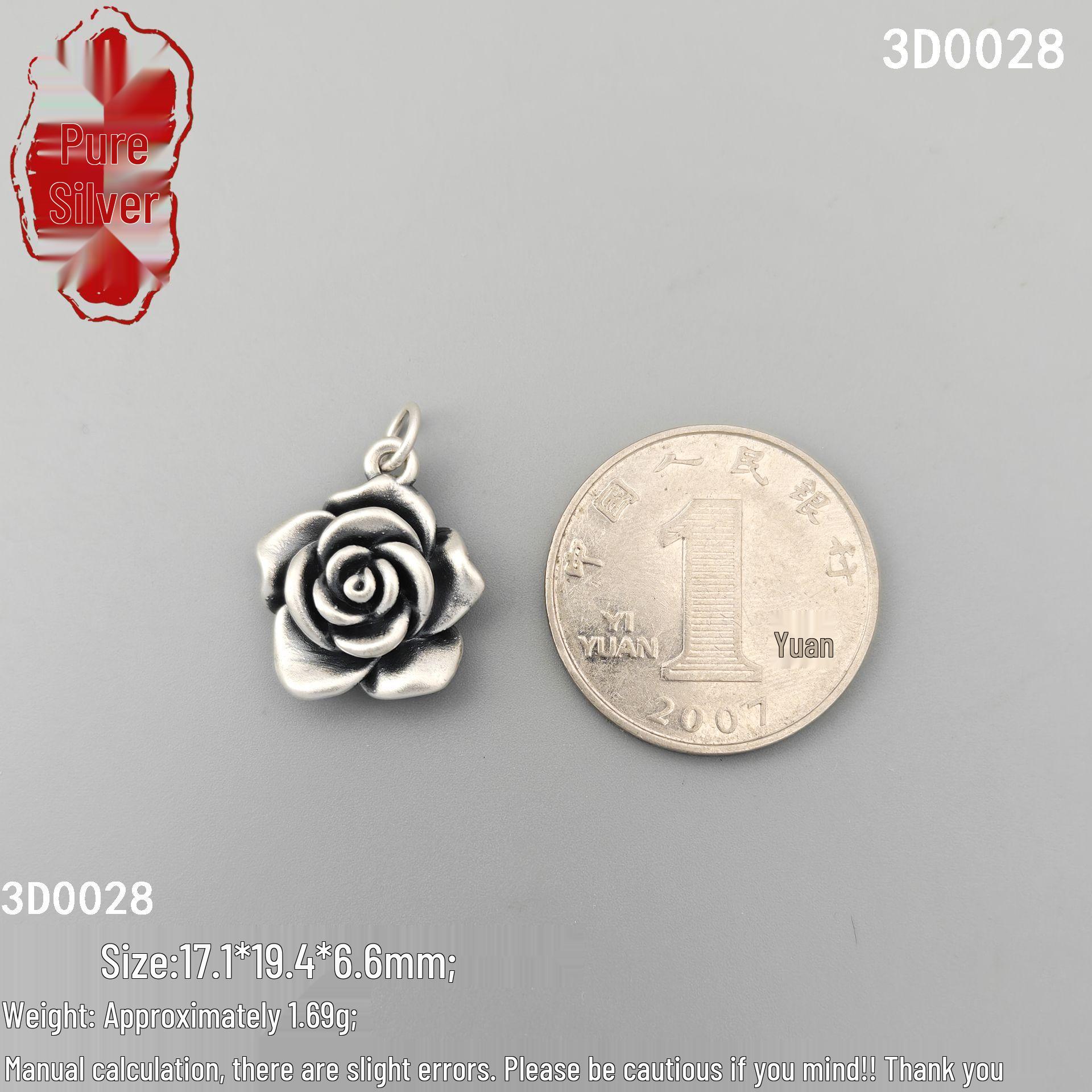 S999 Sterling Silver 3D Rose Flower Bead - Retro Thai Silver Handmade Jewelry Spacer.