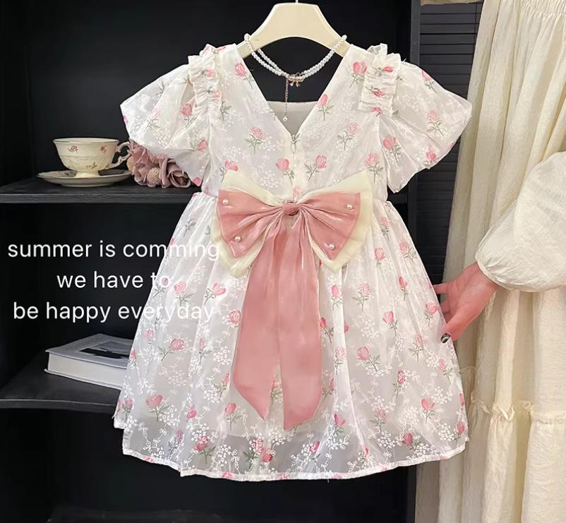 Girls Summer Short Sleeve Princess Dress With Large Back Bow Beaded Gown Kids Performance Party Outfit 90cm