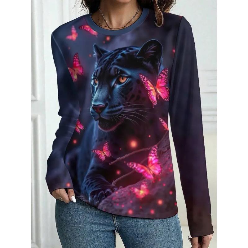 Autumn and Winter Women's Animal 3D Printed Crew Neck Long Sleeve T-Shirt