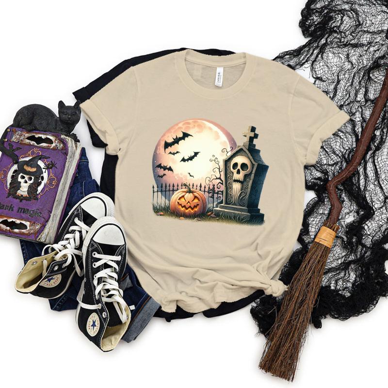 Pumpkin Skeleton Horror Halloween Tshirt Women Spooky Season Shirt Horror Pumpkin Graphic T Shirts Women Skeleton Halloween Top