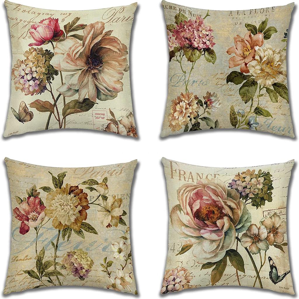 Federa Cuscino in Lino Stile Vintage Americano Floreale per Divano Casa Soggiorno Camera da Letto Decorazione Casa, 40X40 45X45 50X50 60X60