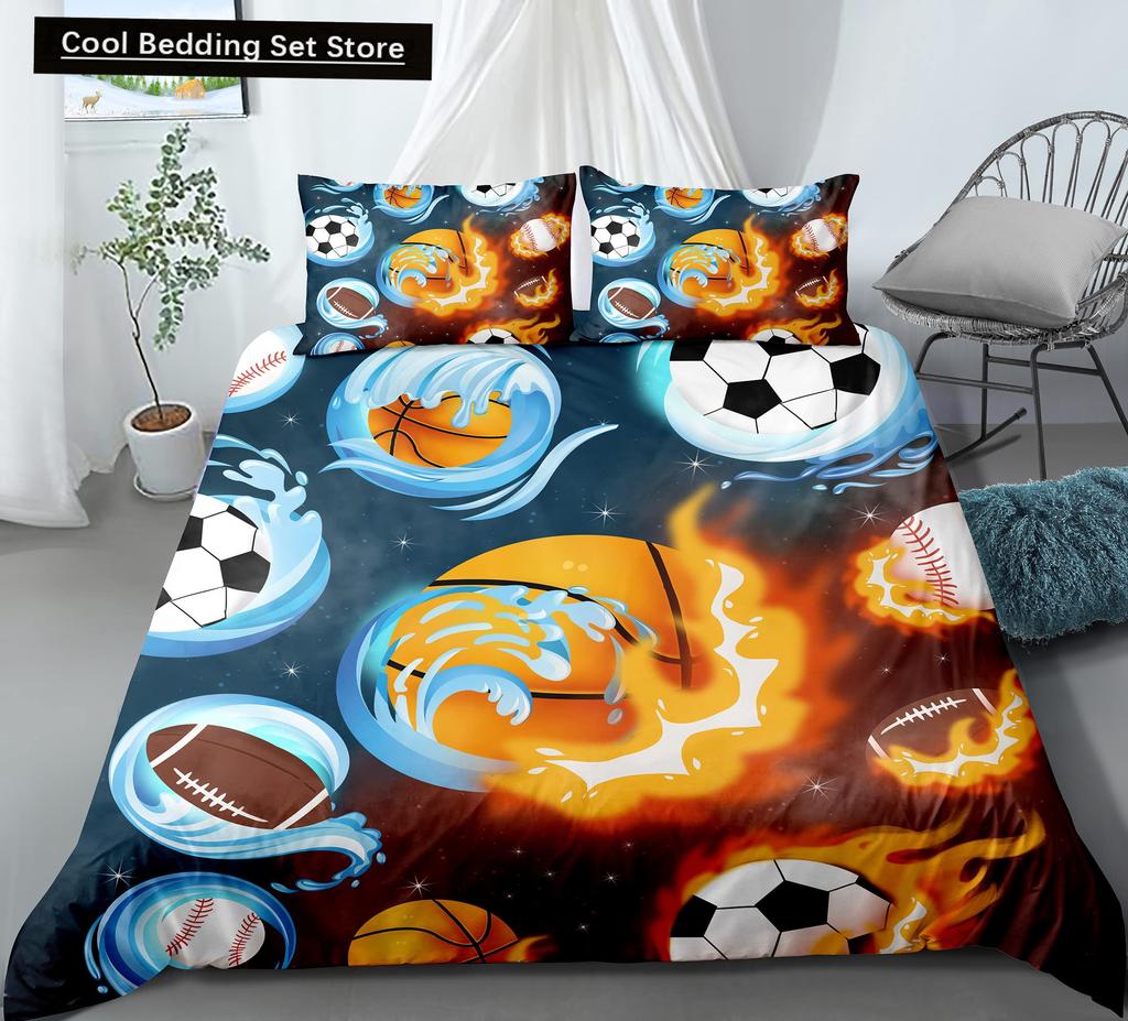 3D Football King Queen Duvet Cover Soccer Bedding Set for Kids Teens Boys Ball Sports White Red 2/3pcs Polyester Quilt Cover