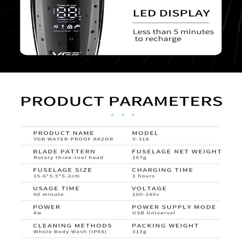 Original VGR Portable Three-head Floating Shaver Digital Display Electric Shaver Rechargeable Shaver Household Full Body Wash Home Razor Shaver V-318