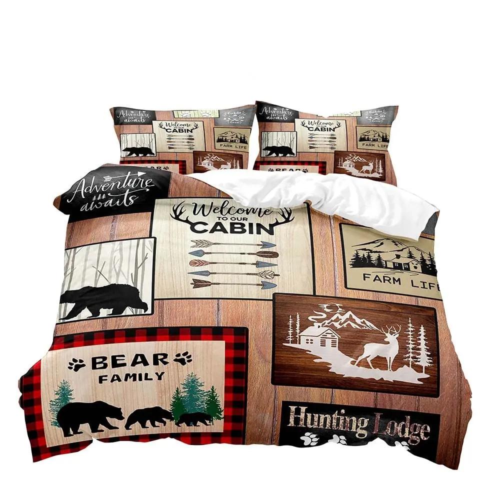 Farmhouse Duvet Cover SetBlack Bear Deer Elk Moose Forest Animal Wildlife Lodge Rustic Bedding Set KingSage Green Brown Plaid
