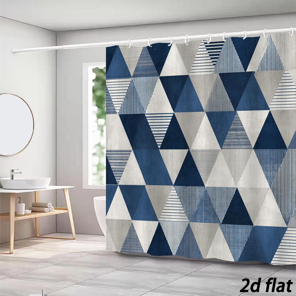 Navy & Gray Geometric Triangle Shower Curtain – Scandi Modern Bath Decor 70.8X70.8In, Polyester, Machine Washable, 12 Hooks