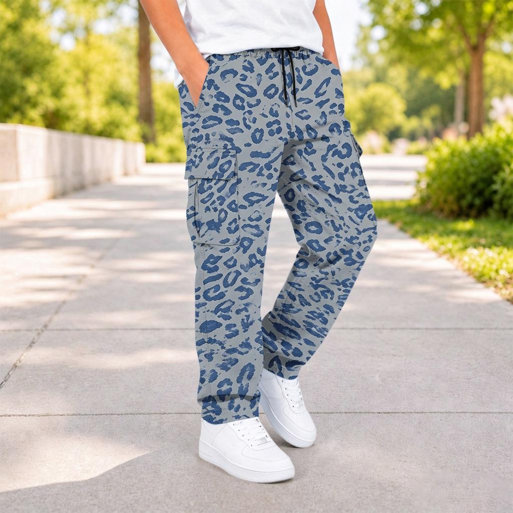 Boys Leopard Print Cargo Pants with and Pockets Casual Everyday Trousers
