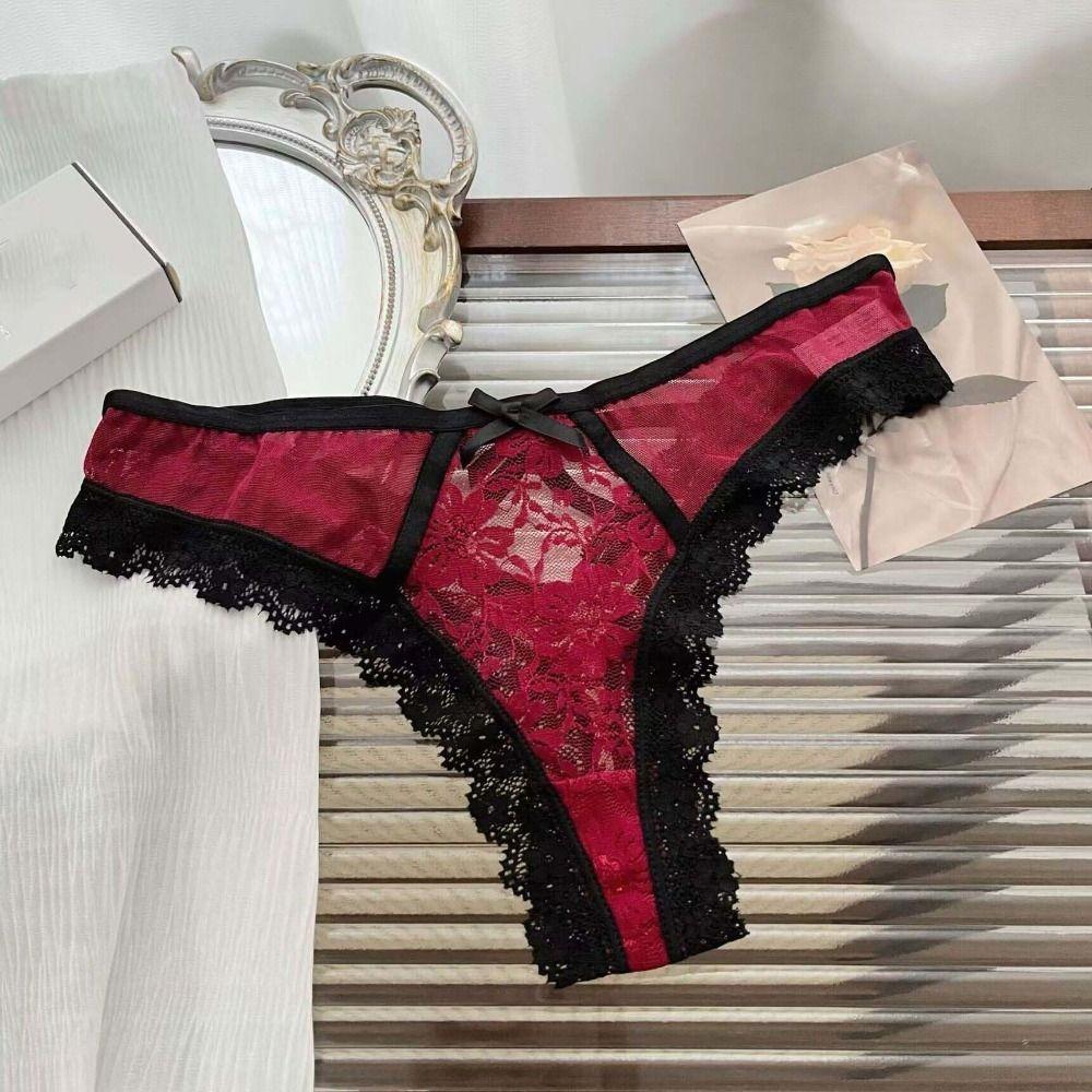 Patchwork Lace Flower Transparent Briefs Thong Mesh Floral Bowknot Panties Sweet   Lady